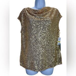 CeCe Gold Sequin Cowl Neck Blouse Size M NWT